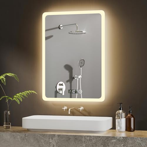 BD-Baode LED Spiegel Wandspiegel 50x70cm Badspiegel mit Beleuchtung 3 Arten von Licht 3000-6500K Rechteckiger Badspiegel mit Uhr und Touch Schalter von BD-Baode