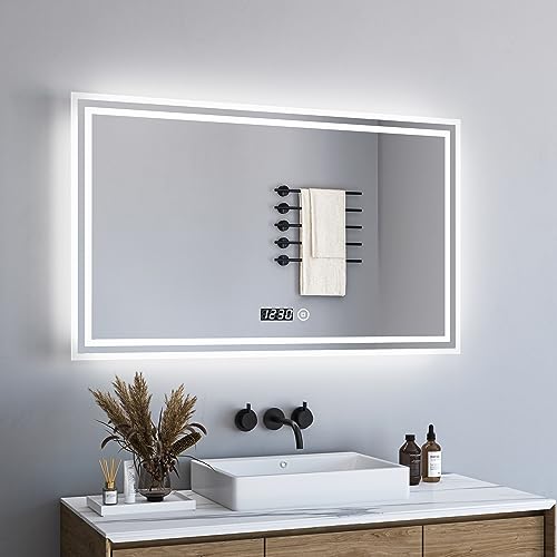 BD-Baode LED Spiegel Wandspiegel 60x100cm Badspiegel mit Beleuchtung und Uhr 3 Arten von Licht Rechteckiger Badspiegel mit Touch Schalter Energieeffizienzklasse A ++ von BD-Baode