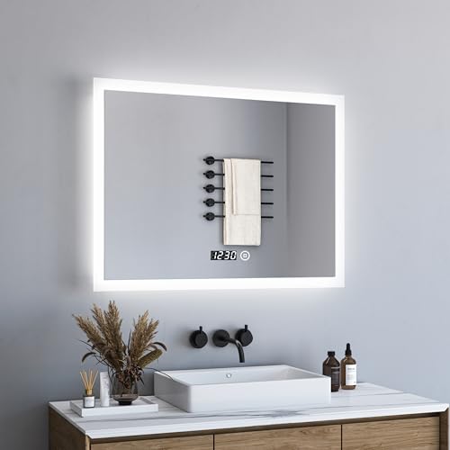 BD-Baode LED Spiegel Wandspiegel 60x80cm 3 Arten von Licht Badspiegel mit Uhr für Bad,Schlafzimmer,Wohnzimmer,6500K Kaltweiß,IP67 Energiesparend A++ von BD-Baode