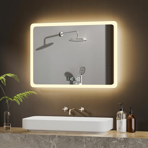 BD-Baode LED Spiegel Wandspiegel 60x80cm Badspiegel mit Beleuchtung 3 Arten von Licht 3000-6500K Rechteckiger Badspiegel mit Uhr und Touch Schalter von BD-Baode