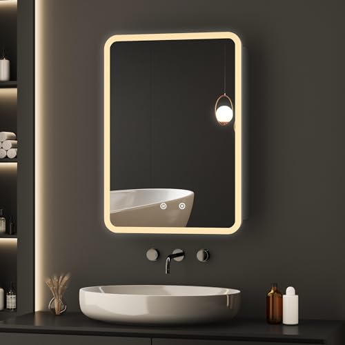 BD-Baode Spiegelschrank Bad mit Beleuchtung,Spiegelschrank mit 3 Einstellbare Lichtfarben,40 x 60 x 12,5 cm LED Spiegelschrank mit Zwei-Tasten-Touchschalter,Erstellbaren Ablagen,Stecker und Defog von BD-Baode