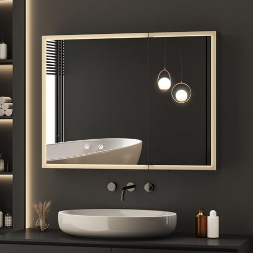 BD-Baode Spiegelschrank Bad mit Beleuchtung 60 x 80 x 12,5 cm Spiegelschrank mit 3 Einstellbare Lichtfarben,LED Spiegelschrank mit Zwei-Tasten-Touchschalter,Erstellbaren Ablagen,Stecker und Defog(MD) von BD-Baode