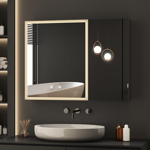 BD-Baode Spiegelschrank Bad mit Beleuchtung 60 x 80 x 12,5 cm Spiegelschrank mit 3 Einstellbare Lichtfarben,LED Spiegelschrank mit Zwei-Tasten-Touchschalter,Erstellbaren Ablagen,Stecker und Defog(MG) von BD-Baode