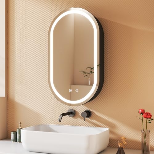 BD-Baode Spiegelschrank Bad mit LED Beleuchtung 40 x 70 x 13 cm Oval Badezimmer Spiegelschrank mit 3 Dimmbaren Leuchten,Defog,Touchschalter, Abnehmbare Glasböden Stecker von BD-Baode