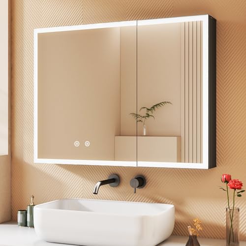 BD-Baode Spiegelschrank Bad mit LED Beleuchtung 60 x 80 x 12,5 cm Badezimmer Spiegelschrank mit 3 Dimmbaren Leuchten,Defog,Touchschalter, Abnehmbare Glasböden und Stecker(MD) von BD-Baode