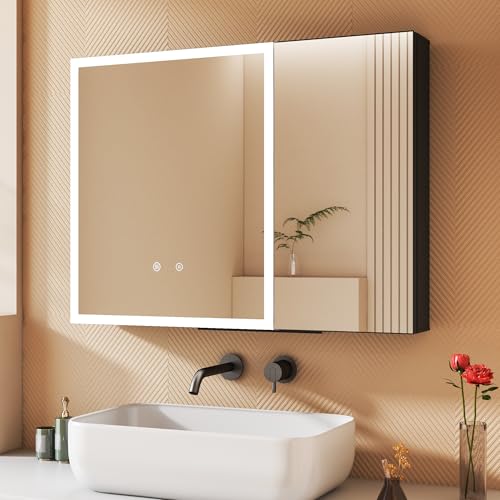 BD-Baode Spiegelschrank Bad mit LED Beleuchtung 60 x 80 x 12,5 cm Badezimmer Spiegelschrank mit 3 Dimmbaren Leuchten,Defog,Touchschalter, Abnehmbare Glasböden und Stecker(MG) von BD-Baode