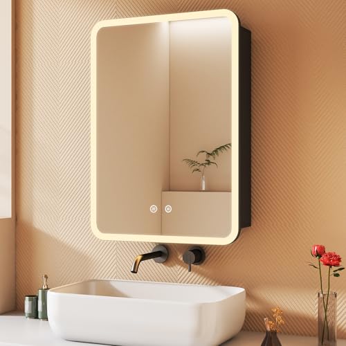 BD-Baode Spiegelschrank Badezimmer Spiegel 50 x 70 x 12,5 cm Spiegelschrank Bad mit LED mit 3 Dimmbaren Leuchten,Zwei-Tasten-Touchschalter, Abnehmbare Glasböden Stecker und Defog(MC) von BD-Baode