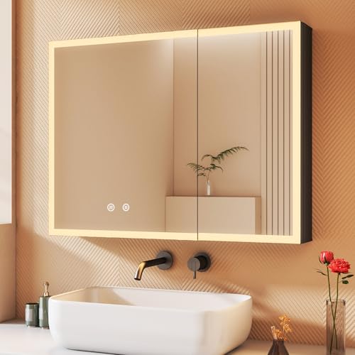 BD-Baode Spiegelschrank Badezimmer Spiegel 60 x 80 x 12,5 cm Spiegelschrank Bad mit LED mit 3 Dimmbaren Leuchten,Zwei-Tasten-Touchschalter, Abnehmbare Glasböden Stecker und Defog(MD) von BD-Baode