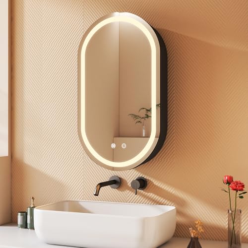 BD-Baode Spiegelschrank Badezimmer Spiegel Oval 40 x 70 x 13 cm Spiegelschrank Bad mit LED mit 3 Dimmbaren Leuchten,Zwei-Tasten-Touchschalter,2 Abnehmbare Glasböden Stecker,Defog von BD-Baode