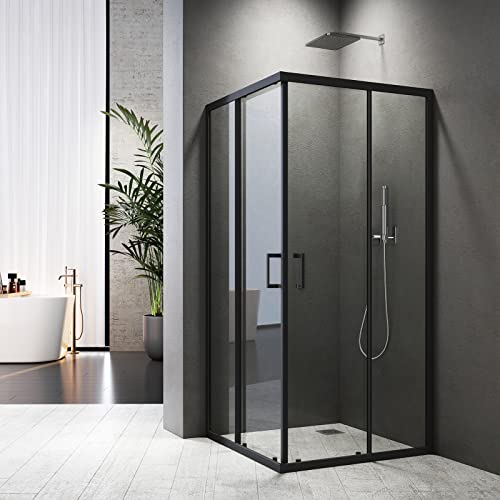 Baode Duschkabine Eckeinstieg 90x75 cm Doppel Schiebetür Duschabtrennung 6mm ESG Glas, Höhe 185cm Duschtür(Schwarz) von BD-Baode