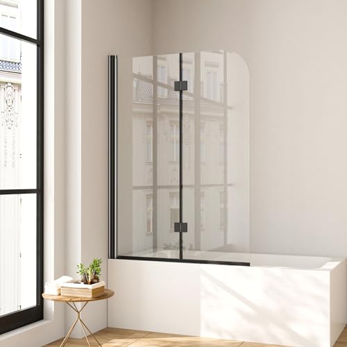 Duschkabine 110 x 140cm Duschwand für badewanne ‎Schwarz-matt Faltbar Nano Badewannen-Duschwand mit 6mm Nano Easy Clean Glas Beidseitig Montierbar Schönes ‎Schwarz-matt von BD-Baode