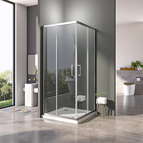 Duschkabine Eckeinstieg 90x90 cm Duschabtrennung Doppel Schiebetür Duschwand 6 mm starkes ESG Sicherheitsglas in Klarglas,Montage auf Duschwanne oder Fliese,Höhe 185cm,Silber,Langer Stiel von BD-Baode