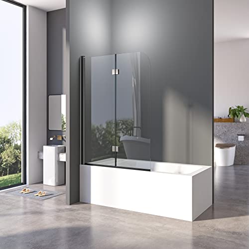 Duschwand für Badewanne 100x140 cm Badewannenfaltwand 2-teilig Faltbar 6mm ESG Glas Nano Beschichtung Duschtrennwand Schwarz von BD-Baode