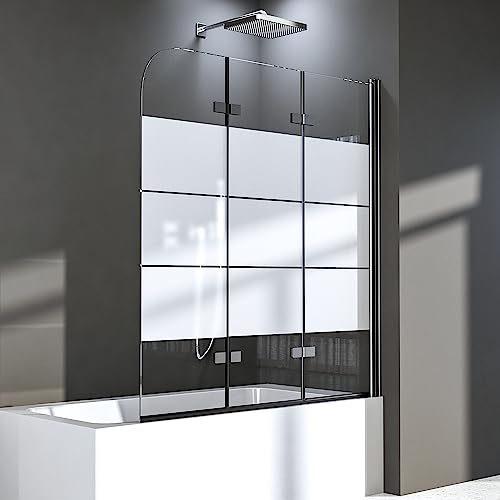 Duschwand für Badewanne 120 x 140 cm,3-teilig Faltbar Duschtrennwand Duschabtrennung mit Eleganten weißen Streifen,Mit 6mm Nano Glas,Schwarzer Rahmen von BD-Baode