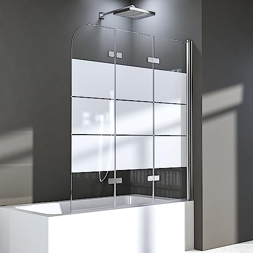 Duschwand für Badewanne 120 x 140 cm,3-teilig Faltbar Duschtrennwand Duschabtrennung mit Eleganten weißen Streifen,Mit 6mm Nano Glas,Silberner von BD-Baode