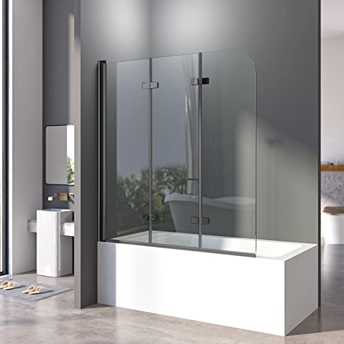 Duschwand für Badewanne 120 x 140 cm 3-teilig Faltbar Duschwand Schwarz Duschabtrennung Falttür Badewannenwand Trennwand mit 6mm Nano Glas von BD-Baode