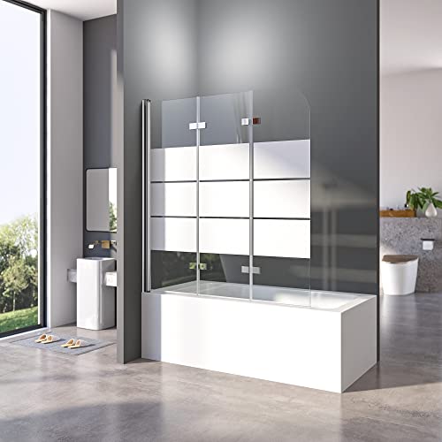 Duschwand für Badewanne 120 x 140 cm 3-teilig Faltbar Gestreift Duschtrennwand Trennwand Silber Badewannenaufsatz mit Eleganten Streifenmuster,6mm ESG Glas Nano Beschichtung Badewannenwand von BD-Baode