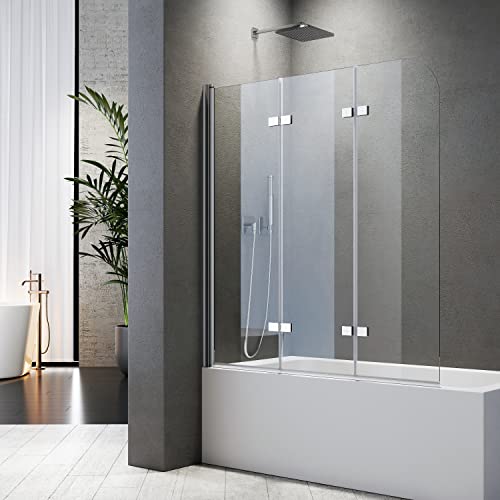 Duschwand für Badewanne 120 x 140 cm 3 teilig faltbar 6 mm Sicherheitsglas ESG Klar hell Profilfarbe Chromoptik Duschabtrennung für Badewanne von BD-Baode