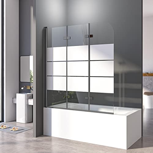 Duschwand für Badewanne 120x140 cm Badewannenfaltwand 3-teilig Faltbar 6mm ESG Glas Nano Beschichtung Duschtrennwand Schwarzer Rahmen mit weißen Querstreifen von BD-Baode
