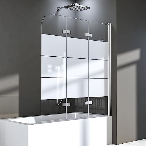 Duschwand für Badewanne 140 x 140 cm,3-teilig Faltbar Duschtrennwand Duschabtrennung mit Eleganten weißen Streifen,Mit 6mm Nano Glas,Silberner von BD-Baode