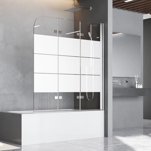 Duschwand für Badewanne 140 x 140 cm Badewannenfaltwand 3-teilig Gestreift Faltbar Duschtrennwand 6mm Nano Glas Silber Faltwand Duschabtrennung von BD-Baode