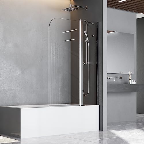 Duschwand für Badewanne Faltbar 90 x 140 cm mit Stabilisator Faltbar mit 6mm Sicherheitsglas NANO Beschichtung Faltwand Silber Aluminiumrahmen,Leicht zu Reinigen von BD-Baode