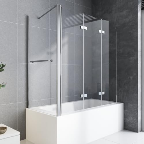 Duschwand für Badewanne mit Seitenwand,3-teilig Duschtrennwand 120x140 cm und Seitenwand 75 cm Faltwand Badewannenaufsatz Duschabtrennung aus 6mm gehärtetem Glas mit Nanobeschichtung von BD-Baode
