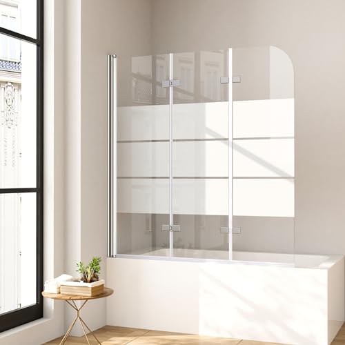 Gestreift Badewannenaufsatz 140 x 140 cm 3-teilig Duschwand für Badewanne faltbar mit 6 mm Sicherheitsglas (ESG) Klar hell Profilfarbe Chromoptik Duschabtrennung für Badewanne von BD-Baode