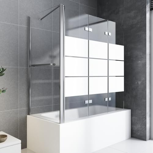 Gestreifte Duschwand für Badewanne mit Seitenwand,3-teilig Duschtrennwand 100x140 cm und Seitenwand 80 cm Faltwand Badewannenaufsatz Duschabtrennung aus 6mm gehärtetem Glas mit Nanobeschichtung von BD-Baode