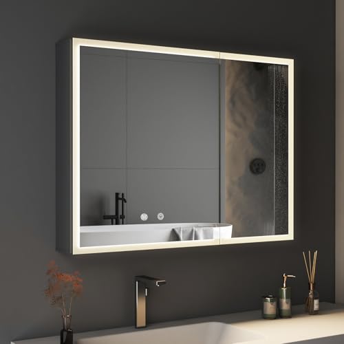 BD-Baode LED Beleuchtetes Badezimmer Spiegel Schrank 60 x 80 x 13 cm Spiegelschrank Badezimmer Spiegel mit 3 Farbtemperatur Dimmbare,Touchschalter,Stecker,Steckdose,Verstellbare Glasablage und Defog von BD-Baode
