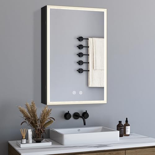 Spiegelschrank Bad mit Beleuchtung,Spiegelschrank mit 3 Einstellbare Lichtfarben,LED Spiegelschrank mit Zwei-Tasten-Touchschalter,Erstellbaren Ablagen,Stecker und Steckdose,Defog,50 x 70 x 12,5 cm von BD-Baode