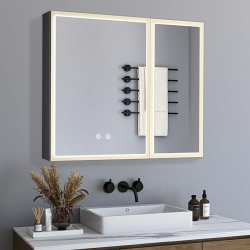 Spiegelschrank Bad mit Beleuchtung,Spiegelschrank mit 3 Einstellbare Lichtfarben,LED Spiegelschrank mit Zwei-Tasten-Touchschalter,Erstellbaren Ablagen,Stecker und Steckdose,Defog,60 x 80 x 12,5 cm von BD-Baode