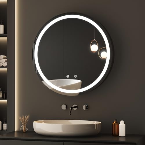 Spiegelschrank Bad mit Beleuchtung 80 x 80 x 13 cm Rund Spiegelschrank mit 3 Einstellbare Lichtfarben,LED Spiegelschrank mit Zwei-Tasten-Touchschalter,Erstellbaren Ablagen,Stecker und Steckdose,Defog Spiegelschrank Bad mit Beleuchtung 80 x 80 x 13 cm Rund Spiegelschrank mit 3 Einstellbare Lichtfarben,LED Spiegelschrank mit Zwei-Tasten-Touchschalter,Erstellbaren Ablagen,Stecker und Steckdose,Defog von BD-Baode