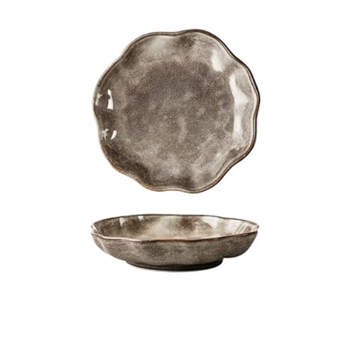 BDAYEK Essteller 1PC Retro Japanischen Stil Restaurant Keramik Reis Nudel Salat Abendessen Schüssel Runde Steak Dessert Tablett Platte Gerichte(8inch Deep Plate) von BDAYEK
