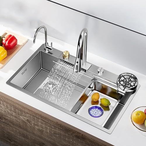 BDBLFLTZ Küchenspüle, Küchenspüle aus Edelstahl 304, Wasser unten rechts, Aufsatzspüle, Küchenspüle mit Tassenbrause, Trinkwasserhahn, großes Einzelspülbecken 75 * 45 von BDBLFLTZ
