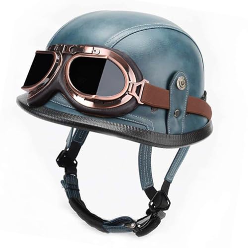 BDBLFLTZ Motorrad-Halbschalenhelm DOT/ECE-geprüft Kappe Halbschalenhelm+Brille Retro Open-Face Helm mit Verstellbarer Schnellverschlussschnalle, für Cruiser Scooter Touring I,XL(60-61cm) von BDBLFLTZ