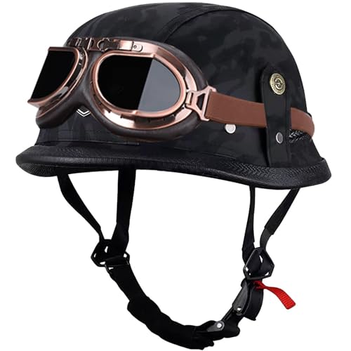 BDBLFLTZ Motorrad-Halbschalenhelm DOT/ECE-geprüft Kappe Halbschalenhelm+Brille Retro Open-Face Helm mit Verstellbarer Schnellverschlussschnalle, für Cruiser Scooter Touring N,M(56-57cm) von BDBLFLTZ