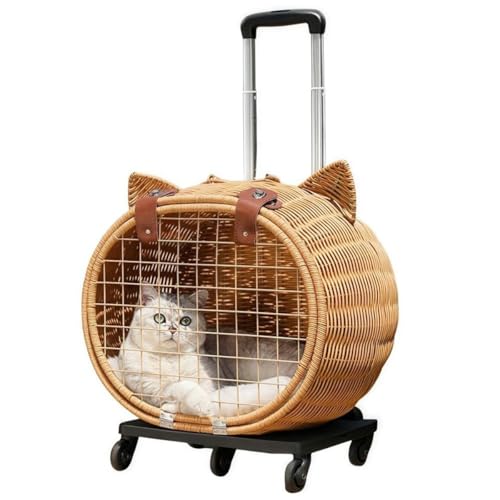 Handgewebter Rattan-Haustier-Kinderwagen, tragbares handgewebtes Rollgepäck for Haustiere, Outdoor-Haustier-Trolley mit Rädern und Teleskopgriff(Brown) von BDCPMT