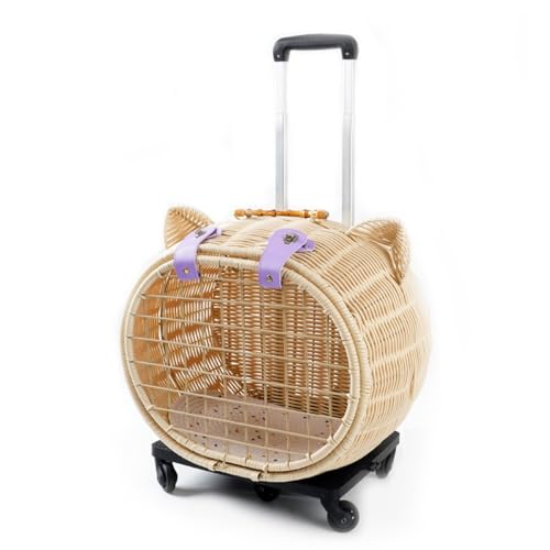 Handgewebter Rattan-Haustier-Kinderwagen, tragbares handgewebtes Rollgepäck for Haustiere, Outdoor-Haustier-Trolley mit Rädern und Teleskopgriff(White) von BDCPMT