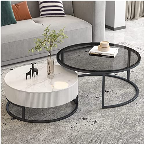 BDDIE Couchtisch Satz Wohnzimmer Stapeltische 2er-Set Runder Beistelltisch Akzent Seitenstapeltische Gehärtetes Glas + Gesinterter Stein Moderne Tischsets Metallrahmen Mit Schublade (Size : 70+50 von BDDIE