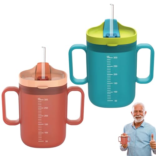 2er-Pack Schnabeltasse Senioren 300ml, Auslaufsicherer Trinkbecher mit Doppelgriff & Strohhalm, Schnabelbecher für ältere Menschen, Sippy Cup Adult mit Deckel, Trinkerinnerung Kapazitätsmarkierung​ von BDHYYM