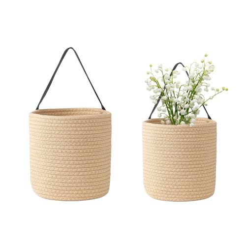 2er Set Baumwollseil-Hängekörbe - Wandkorb & Aufbewahrungskorb (20x18cm + 18x16cm), Hängeorganizer mit Griff für Bad/Küche/Balkon, als Blumentopf Wand oder kleiner Korb mit Henkel (Khaki) von BDHYYM