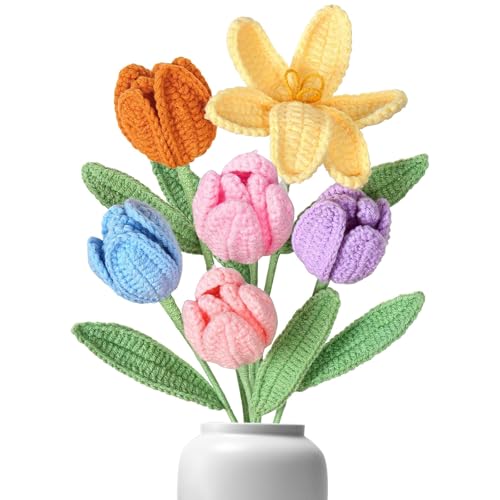 6 Stück Gehäkelte Blumen Künstliche Tulpen Blumenstrauß Wie Echt Handgemachte Kunsttulpen mit Blättern Für Vase, Zuhause Büro & DIY Premium Geschenk für Mama, Freunde​ von BDHYYM