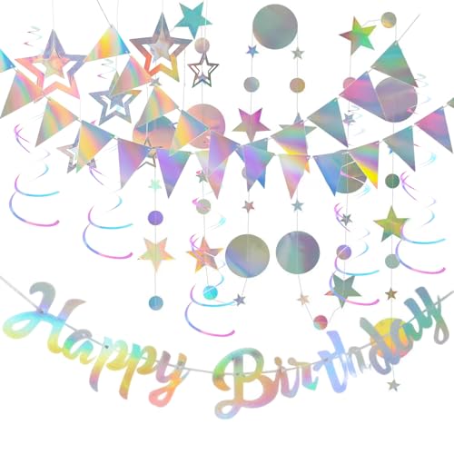 BDHYYM Happy Birthday Girlande Irisierende Geburtstag Deko Folie Silber Wimpelkette Schillernd Circle Banner Metallic Luftschlangen Holografisch Geburtstagsdeko Iridescent von BDHYYM