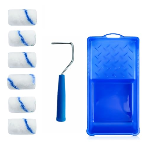 BDHYYM Farbroller Klein Set, Farbroller Wandfarbe Mini Malerrolle mit 6x Malerwalze Blau-weiß, 1x Farbwanne, 1x Rahmen, für Familienzimmer Wand Architekturdekoration Malerbedarf von BDHYYM