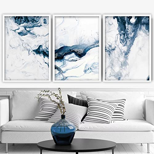 Abstrakter Ozean Wand Bilder Marineblau und Weiß Wand Bilder Leinwand Gemälde abstrakte Poster Kunstdrucke Wandbilder für Wohnzimmer Heimdekoration 50 x 70 cm x 3 ungerahmt von BDHcdfAJGf