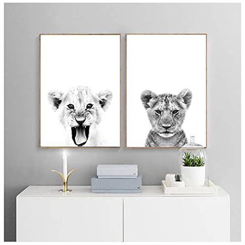 Löwenjunges Bilderdruckdruck Schwarz-Weiß-Wand Bilder Löwin Tiere Poster Safari Kinderzimmer Wand Leinwand Gemälde Tierbabys Kinderdekor 30 x 50 cm x 2 ungerahmt von BDHcdfAJGf
