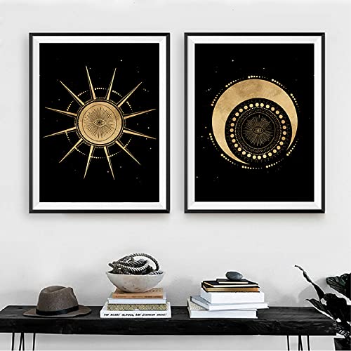 Schwarz Gold Mond Sonne Poster und Kunstdrucke Moderne abstrakte Wand Bilder Leinwand Bild Nordischen Stil Wandbilder Wohnzimmer Dekor 50x70cmx2 Ungerahmt von BDHcdfAJGf