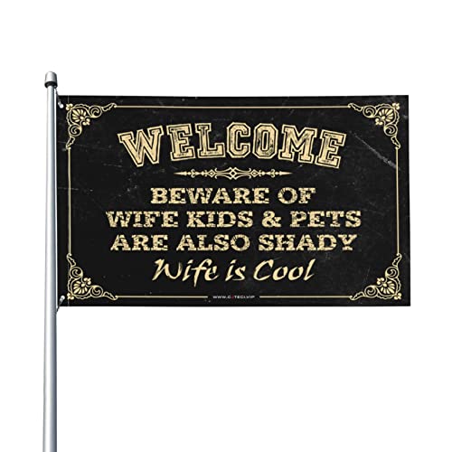 Hinterhof-Bar-Dekoration, Aufschrift "Welcome Beware Of Wife", Kinder und Haustiere sind auch schattig und der Ehemann ist coole Flagge, Hinterhof-Dekoration, Hausbar-Zubehör (60 x 90 cm) von BDIX