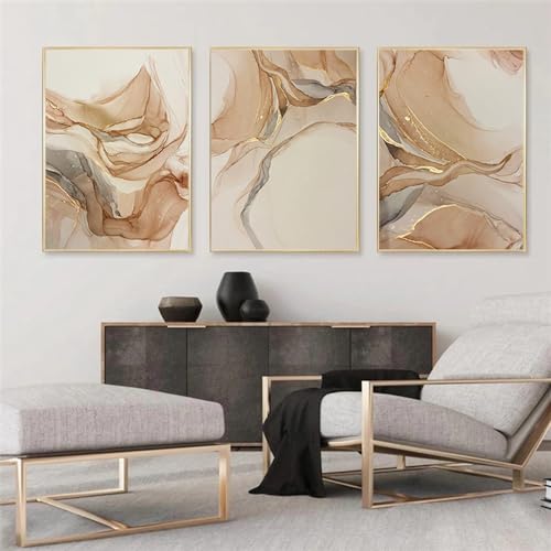 3er Set Abstrakt Beige Gold Marmor Bild auf Leinwand 50x70cm Wohnzimmer Wandbilder Gold Textur Kunstdruck Poster Marmor Ohne Rahmen Bilder (Beige Gold,60x90 cm) von BDKCYO